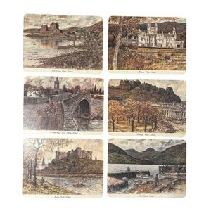 Vintage 6PC  Coaster Mats Watercolor Paintings Scottish Castles J Arthur Dixon‎
